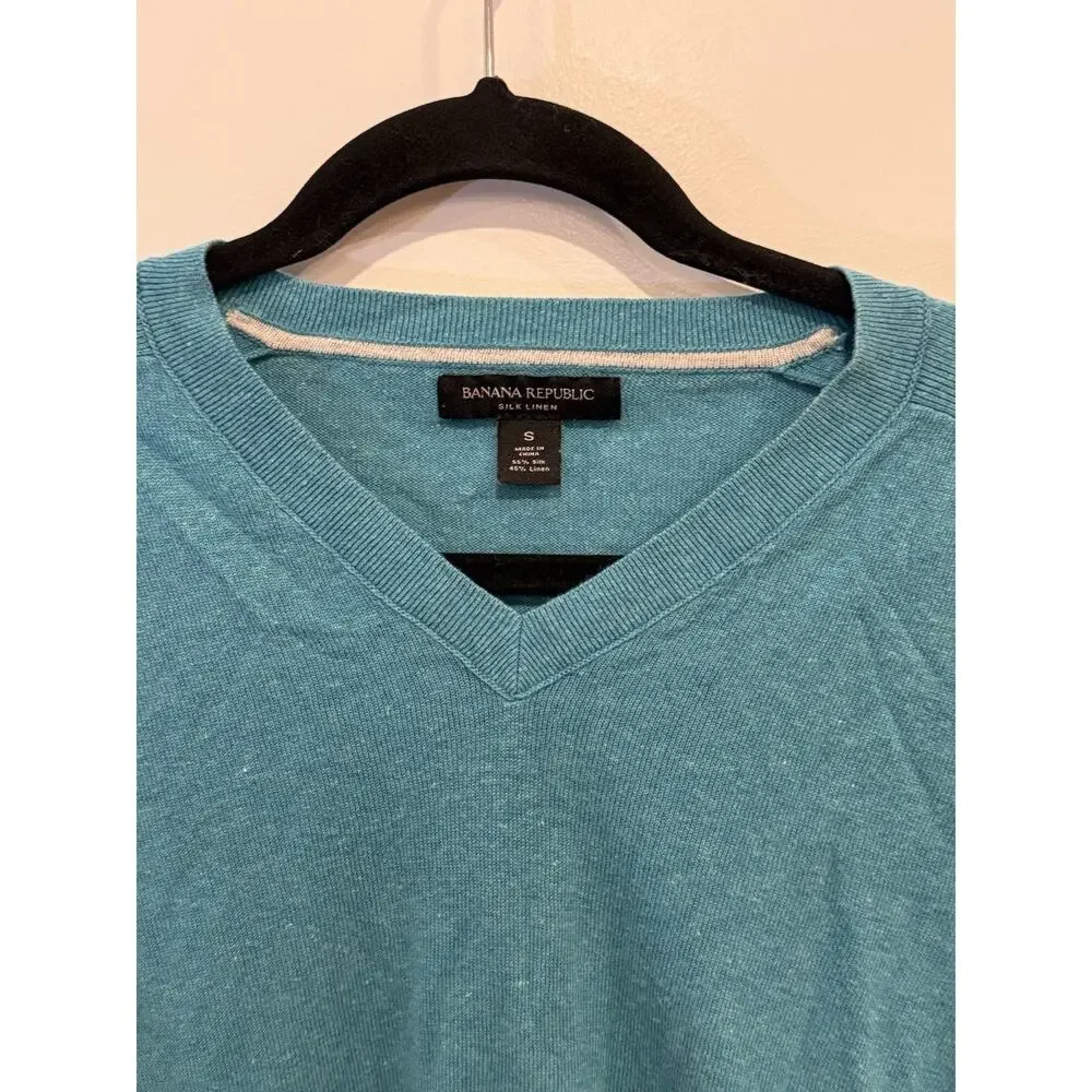 Banana Republic Men’s Silk Linen V Neck Lightweight Sweater Blue Teal Size Small